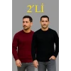 Erkek Fitilli Triko Kazak 2’li Set – Siyah - Bordo, Kalın Dokuma Pamuklu Regular Fit Bisiklet Yaka Uzun Kollu Rahat Kışlık Kazak Kombini