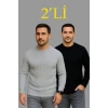 Erkek Fitilli Triko Kazak 2’li Set – Siyah - Gri, Kalın Dokuma Pamuklu Regular Fit Bisiklet Yaka Uzun Kollu Rahat Kışlık Kazak Kombini