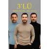 Erkek Fitilli Triko Kazak 3lü Set Bebek Mavisi Bej Siyah Regular Balıkcı Yaka Tam Boğazlı Triko Seti Modeli Kazak