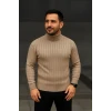 Erkek Fitilli Triko Kazak 3lü Set Bej Haki Siyah Regular Balıkcı Yaka Tam Boğazlı Triko Seti Modeli Kazak