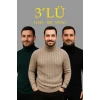 Erkek Fitilli Triko Kazak 3lü Set Bej Haki Siyah Regular Balıkcı Yaka Tam Boğazlı Triko Seti Modeli Kazak