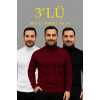 Erkek Fitilli Triko Kazak 3lü Set Beyaz Bordo Siyah Regular Balıkcı Yaka Tam Boğazlı Triko Seti Modeli Kazak