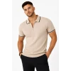 Erkek Fitilli Triko T-shirt Polo Yaka Yarım Fermuarlı Kısa Kollu Tişört - Bej