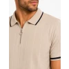 Erkek Fitilli Triko T-shirt Polo Yaka Yarım Fermuarlı Kısa Kollu Tişört - Bej