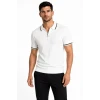 Erkek Fitilli Triko T-shirt Polo Yaka Yarım Fermuarlı Kısa Kollu Tişört - Beyaz