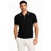 Erkek Fitilli Triko T-shirt Polo Yaka Yarım Fermuarlı Kısa Kollu Tişört - Siyah