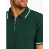Erkek Fitilli Triko T-shirt Polo Yaka Yarım Fermuarlı Kısa Kollu Tişört - Yeşil
