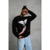 Erkek Güvercin Baskılı Sweatshirt - Siyah