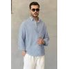 Erkek İnce Çizgili Gofre Kumaş Rahat Kalıp Gömlek