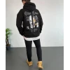 Erkek Kapşonlu Sweatshirt – Oversize Üç İplik Şardonlu Hoodie, “other Lives” Ön - Arka Baskılı, Kanguru Cepli, Kışlık Rahat Günlük Stil - Siyah