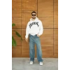 Erkek Kapüşonlu Sweatshirt Hoodie 3 İplik Şardonlu Pamuklu Kumaş, Önü Baskılı, Fermuarlı Rahat Kalıp, Kışlık Ve Sokak Stili Sweat - Beyaz