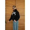 Erkek Kapüşonlu Sweatshirt  Hoodie 3 İplik Şardonlu Pamuklu Kumaş, Önü Baskılı, Fermuarlı Rahat Kalıp, Kışlık Ve Sokak Stili Sweat - Siyah