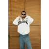 Erkek Kapüşonlu Sweatshirt Hoodie 3 İplik Şardonlu Pamuklu Kumaş, Önü Baskılı, Fermuarlı Rahat Kalıp, Kışlık Ve Sokak Stili Sweat - Beyaz