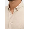 Erkek Keten Kumaş Oversize Uzun Kollu Rahat Kalıp Gömlek - Bej