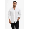 Erkek Keten Kumaş Oversize Uzun Kollu Rahat Kalıp Gömlek - Beyaz