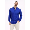 Erkek Keten Kumaş Oversize Uzun Kollu Rahat Kalıp Gömlek - Saks Mavisi