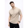 Erkek Kısa Kol Fitilli Triko T-shirt Yazlık Hakim Yaka Tişört - Bej