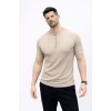 Erkek Kısa Kol Fitilli Triko T-shirt Yazlık Hakim Yaka Tişört - Bej