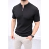 Erkek Kısa Kol Fitilli Triko T-shirt Yazlık Hakim Yaka Tişört - Siyah