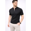 Erkek Kısa Kol Fitilli Triko T-shirt Yazlık Hakim Yaka Tişört - Siyah