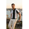 Erkek Kısa Kollu Polo Yakalı Blok Desenli Triko Bluz