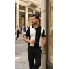 Erkek Kısa Kollu Polo Yakalı Blok Desenli Triko Bluz