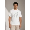 Erkek Köpek Figürlü Minimal Baskılı Tişört Kısa Kol Yazlık T-shirt - Beyaz