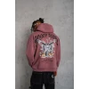 Erkek Kordon İpli Baskılı Kapüşonlu Sweatshirt - Gül Kurusu