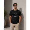 Erkek Minimal Gülümseyen Yüz Baskılı Tişört Kısa Kol Yazlık T-shirt - Siyah