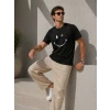 Erkek Minimal Gülümseyen Yüz Baskılı Tişört Kısa Kol Yazlık T-shirt - Siyah