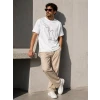 Erkek Minimal Kedi Çizim Baskılı Tişört Kısa Kol Yazlık T-shirt - Beyaz