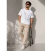 Erkek Minimal Kedi Çizim Baskılı Tişört Kısa Kol Yazlık T-shirt - Beyaz
