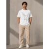 Erkek Minimal Kedi Çizim Baskılı Tişört Kısa Kol Yazlık T-shirt - Beyaz