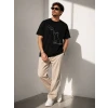 Erkek Minimal Kedi Çizim Baskılı Tişört Kısa Kol Yazlık T-shirt - Siyah