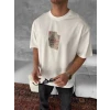 Erkek Ön Ve Arka Baskılı Oversize Bisiklet Yaka T-shirt - Beyaz