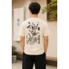 Erkek Ön Ve Arka Tokyo Kuş Çiçek Baskılı Oversize T-shirt - Ekru