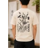 Erkek Ön Ve Arka Tokyo Kuş Çiçek Baskılı Oversize T-shirt - Ekru