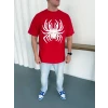 Erkek Örümcek Baskılı Tişört Kısa Kollu Bisiklet Yaka T-shirt - Kırmızı
