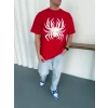 Erkek Örümcek Baskılı Tişört Kısa Kollu Bisiklet Yaka T-shirt - Kırmızı