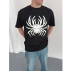 Erkek Örümcek Baskılı Tişört Kısa Kollu Bisiklet Yaka T-shirt - Siyah