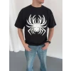 Erkek Örümcek Baskılı Tişört Kısa Kollu Bisiklet Yaka T-shirt - Siyah