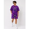 Erkek Oversize Kalıp Pubg Bape X Shark Nakışlı Cepli Şort Takım - Mor