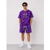 Erkek Oversize Kalıp Pubg Bape X Shark Nakışlı Cepli Şort Takım - Mor