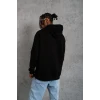 Erkek Oversize Kapüşonlu Sweatshirt – Siyah Renk Üç İplik İçi Pamuklu Kanguru Cepli Baskılı Hoodie Rahat Kalıp Kışlık Günlük Kombinlere Uygun - Siyah