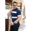 Erkek Şerit Desenli Hemşire Yaka Kısa Kollu Tişört