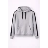Erkek Şeritli Kapüşonlu Sweatshirt Oversize 3 Iplik Pamuklu - Gri