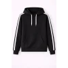 Erkek Şeritli Kapüşonlu Sweatshirt Oversize 3 Iplik Pamuklu - Siyah
