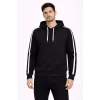Erkek Şeritli Kapüşonlu Sweatshirt Oversize 3 Iplik Pamuklu - Siyah