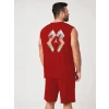 Erkek Sırt Baskılı Sıfır Kol İkili Şort Takım - Kırmızı