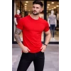 Erkek T-shirt Bisiklet Yaka Slim Fit Dar Kesim Likralı Tişört Günlük Basic Body - Kırmızı